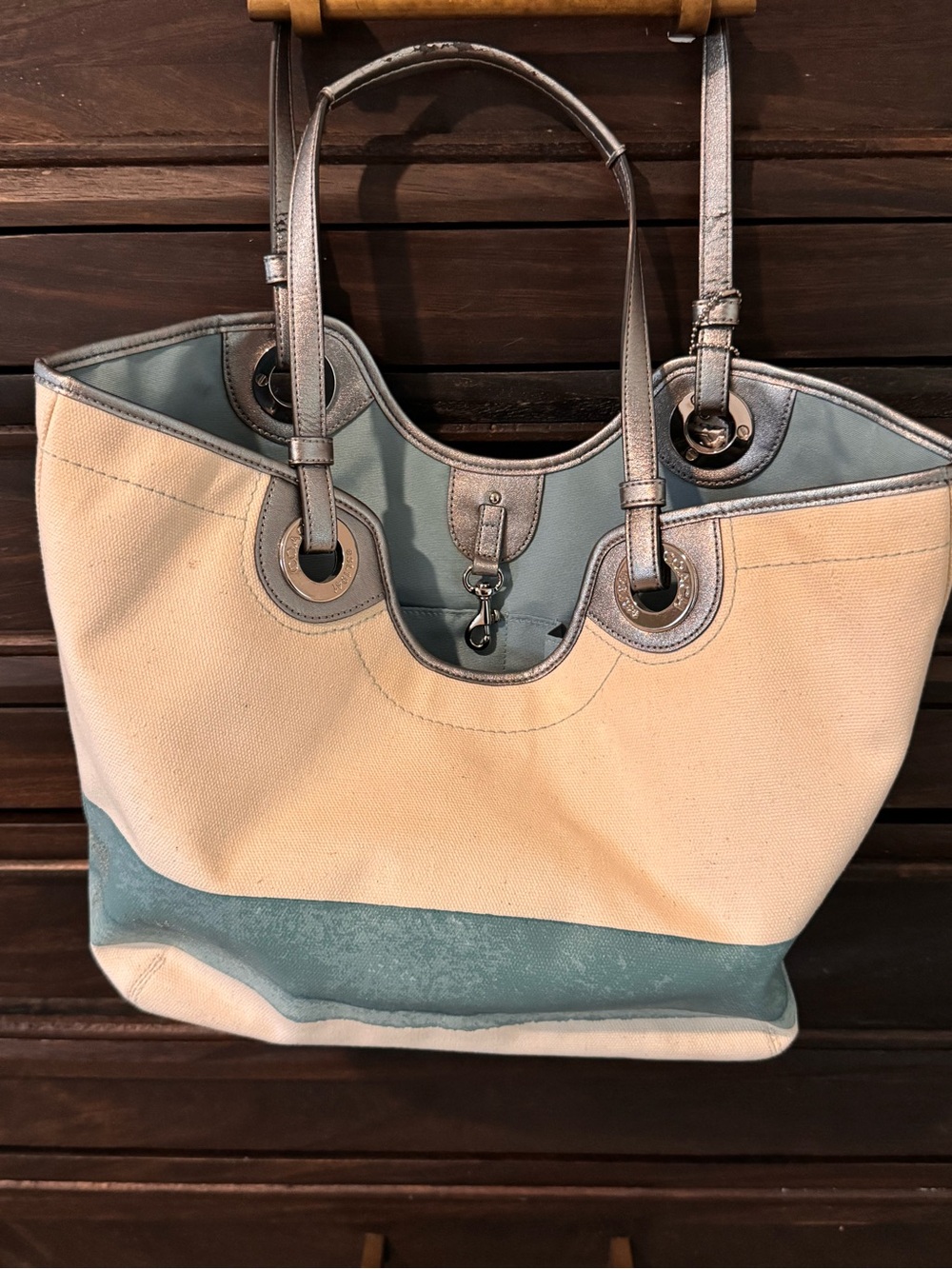 Rare Coach F19212 Starfish Beach Tote Canvas Teal Silver 2012 - Picture 4 of 15